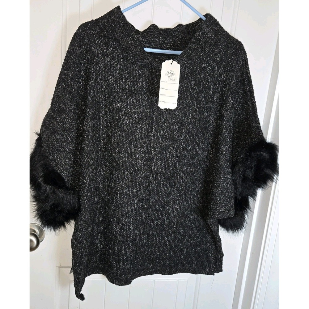 AZZ Trading Inc Poncho Womens OS Gray Black Faux Fur Trim Mock Neck Viscose NEW